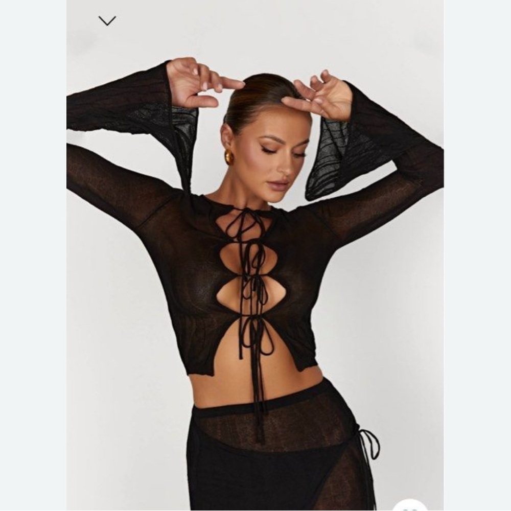 Meshki Black Sheer Lace-Up Blouse and Skirt Set